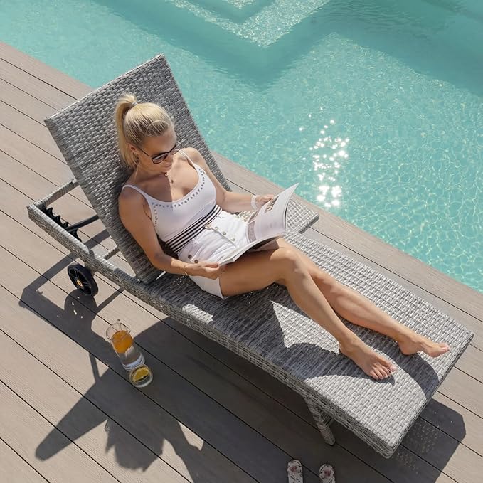 Set of 4 Outdoor Chaise Lounge Chairs with Wheels, Pull-Out Side Table, 5-Position Adjustable Backrest - Photo 4