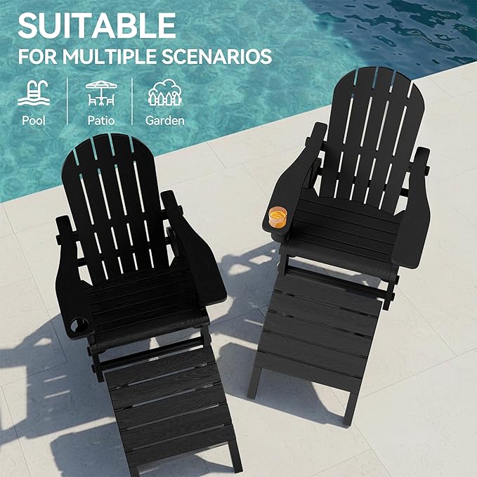 Vongrasig Adirondack Chairs Set of 2 with Removable Tabletop and Footrest, All-Weather HDPE Outdoor Chair Set with Wooden Textured, Cup Holder for Patio, Poolside, Deck, Garden, Black