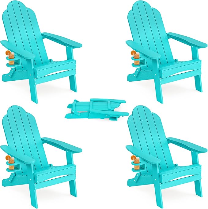 LUE BONA Folding Adirondack Chair, Chairs Set of 2, Cup Holder, Woodgrain, Fire Pit, Patio, Pool, Aruba Blue