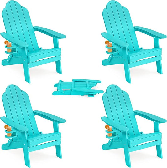 LUE BONA Folding Adirondack Chair, Chairs Set of 2, Cup Holder, Woodgrain, Fire Pit, Patio, Pool, Aruba Blue