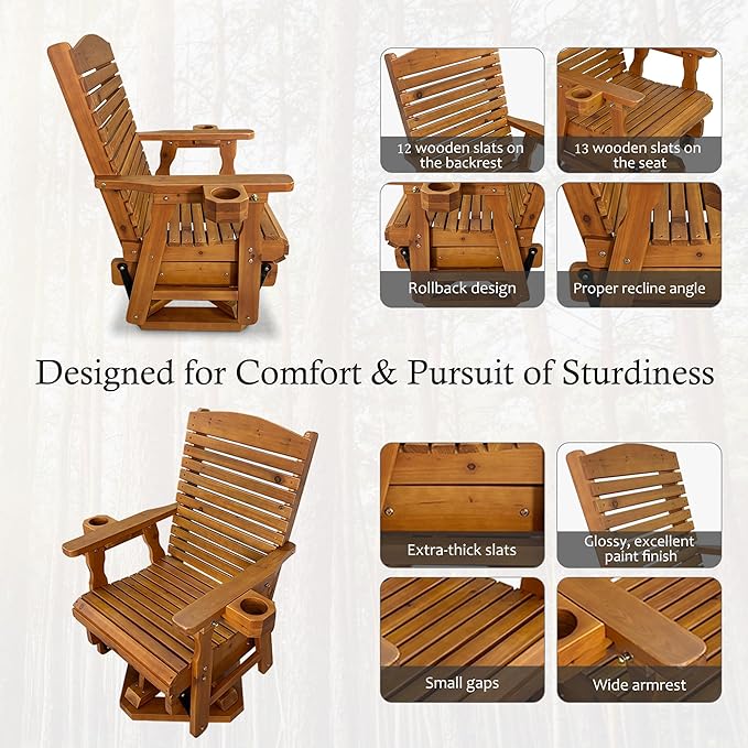 Wooden Swivel Glider Chair, 360° Outdoor Patio Rocker with Ergonomic Design, Smooth Gliding Motion, Solid Fir Wood - Photo 5