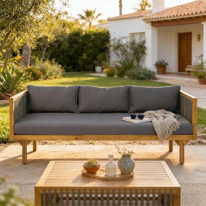 Merax Acacia Wood Outdoor Patio Loveseat Sofa w/Coushion and & Light Brown Rope, 3-Seater Sofa Daybed for Backyard, Lawn, Deck, Balcony, Water Repellent Fabric, 600 lbs Capacity,Teak + Gray