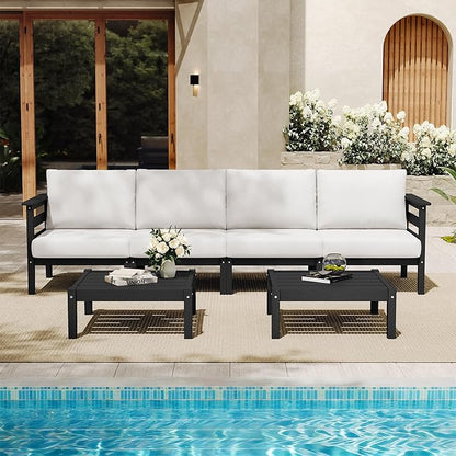 SERWALL HDPE Patio Furniture Set, 6 Pieces Outdoor Sectional Sofa Set, All-Weather Wood-Like Outdoor Sofa Couch with Coffee Table for Deck, Lawn, Black Frame with Khaki Cushion