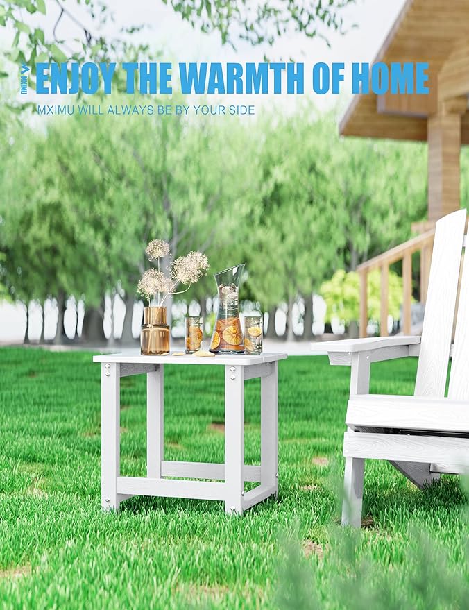 MXIMU Outdoor Side Table for Patio: 16" HIPS Weatherproof Adirondack Table - Small End Tables for Outside Porch Deck Pool Balcony Backyard - Easy Assembly No Maintenance White