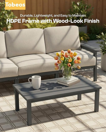 HDPE Patio Furniture Set 4 Seats, Outdoor Couch with Washable Thick Beige Cushions & Coffee Table & Side Table, Outdoor Sectional Furniture for Backyard, Deck, Lawn, Porch (Gray Frame)