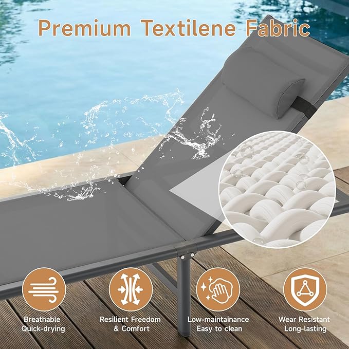 ONBRILL 2 PCS Chaise Lounge Chair Outdoor, Foldable & Assembly Free Outdoor Lounge Chair with 5 Position Adjustable Backrest, Aluminum Pool Lounge Chairs for Outside Poolside Patio Beach Lawn, Grey