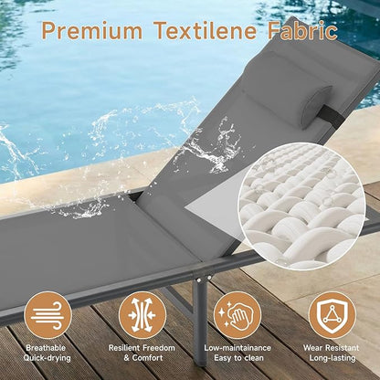 ONBRILL 2 PCS Chaise Lounge Chair Outdoor, Foldable & Assembly Free Outdoor Lounge Chair with 5 Position Adjustable Backrest, Aluminum Pool Lounge Chairs for Outside Poolside Patio Beach Lawn, Grey