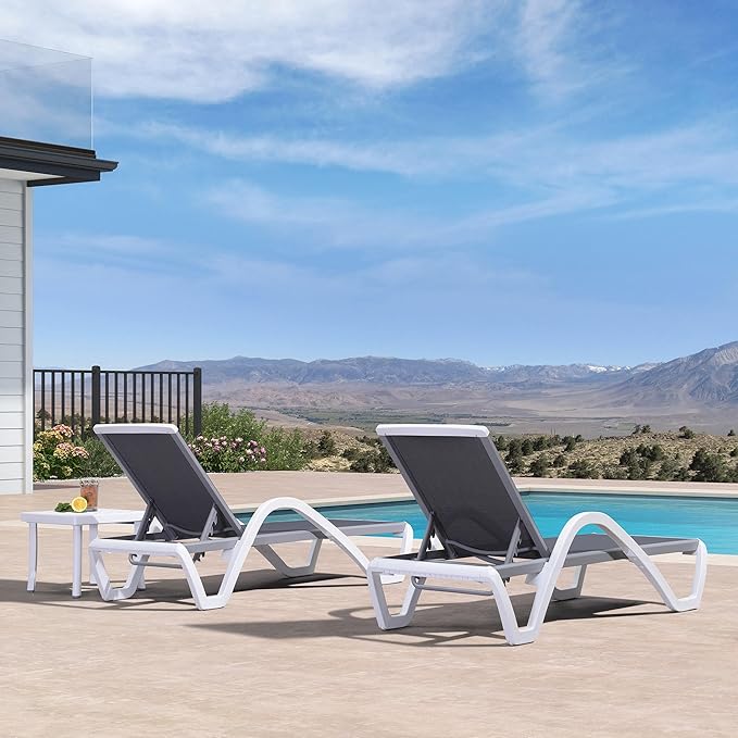 PURPLE LEAF Patio Chaise Lounge Chair Set of 3 Outside Aluminum Plastic Stackable Tanning Chairs with Armrests and Side Table for Pool Sunbathing Beach Deck Outdoor Lounger, Grey