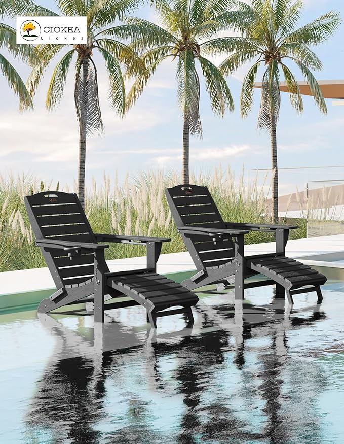 Ciokea Folding Adirondack Chair with Retractable Ottoman Fire Pit Patio Chair with Pull Out Foot Rest Weather Resistant - Photo 2