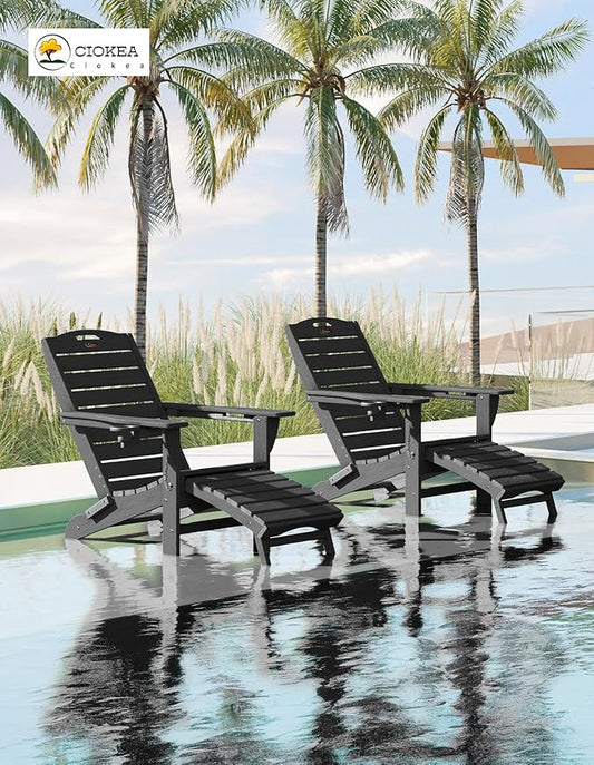 Ciokea Folding Adirondack Chair Set of 6 with Retractable Ottoman Fire Pit Patio Chair with Pull Out Foot Rest Weather Resistant Lawn Outdoor Chair with 2 Cup Holder(Black)