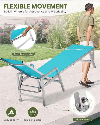 Patio Chaise Lounge Chair Outdoor Set of 2 with Wheels&Armrests, Aluminum Pool Lounge Chairs Five-Position Adjustable Recliner, Outdoor Beach Lounge Chairs for Poolside, Patio, Deck, Yard, Lake Blue