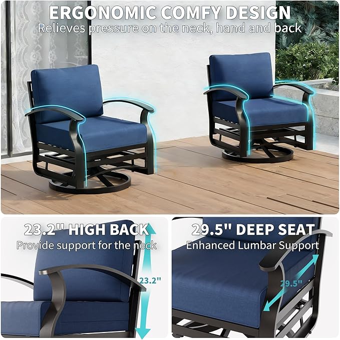 Gotland 4 Piece Patio Set, Metal Outdoor Swivel Chairs Set of 2 with 2 Ottoman 5.1’’ High-Resilience Seat Cushions Removable Cushions, Aluminum Patio Furniture Set for Lawn, Porch, Balcony, Navy