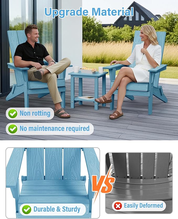 YEFU Adirondack Chairs Set of 2:Oversize Folding - 400lb Weight Capacity - Plastic Adirondack Chairs - High Back Like Wooden - All-Weather Use for Outdoor/Patio/Fire Pit/Garden/Camping - (Blue)