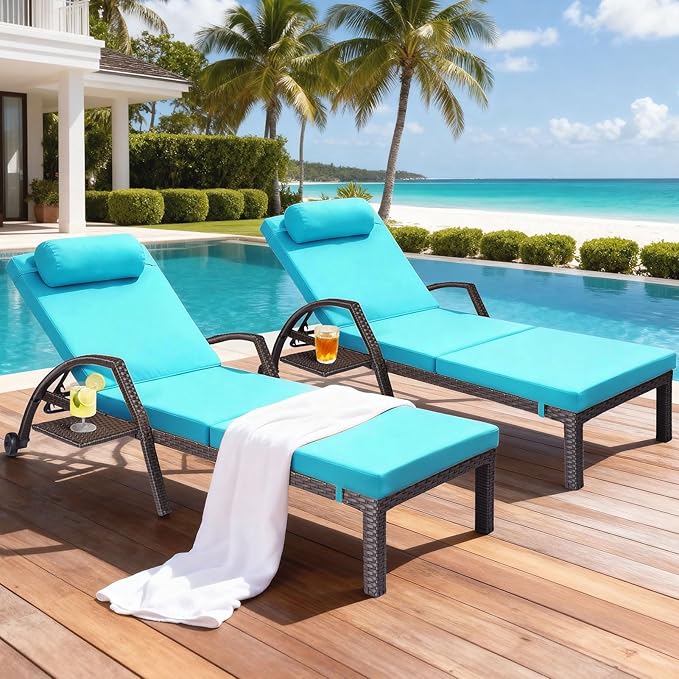 Patio Chaise Lounge Chairs Set of 2 Wicker Pool Lounge Chairs Outdoor with 5 Adjustable Back & Removable Cushion & Tray Tanning Chair Sun Loungers for Patio Poolside Deck Beach
