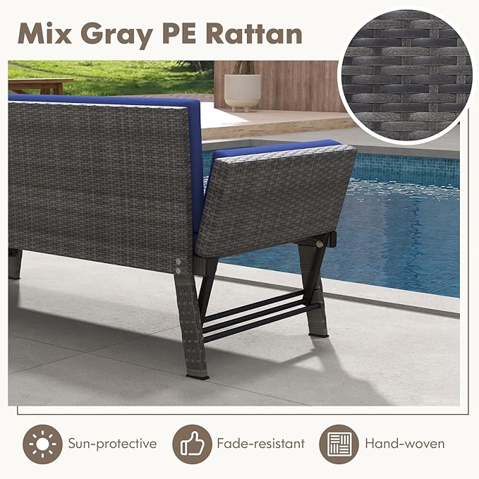 Tangkula Outdoor Convertible Sofa Daybed with Adjustable Armrests, PE Rattan Patio Couch Furniture with Thick Cushions - Photo 8
