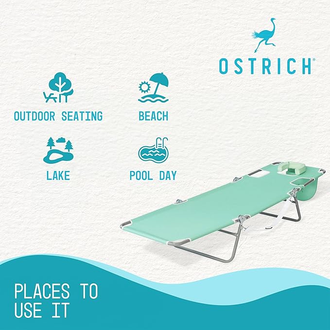 Ostrich Chaise Lounge Outdoor Portable Folding 4 Position Recliner Chair for Beach, Patio, Camp, and Pool with Carrying Strap, Teal (2 Pack)