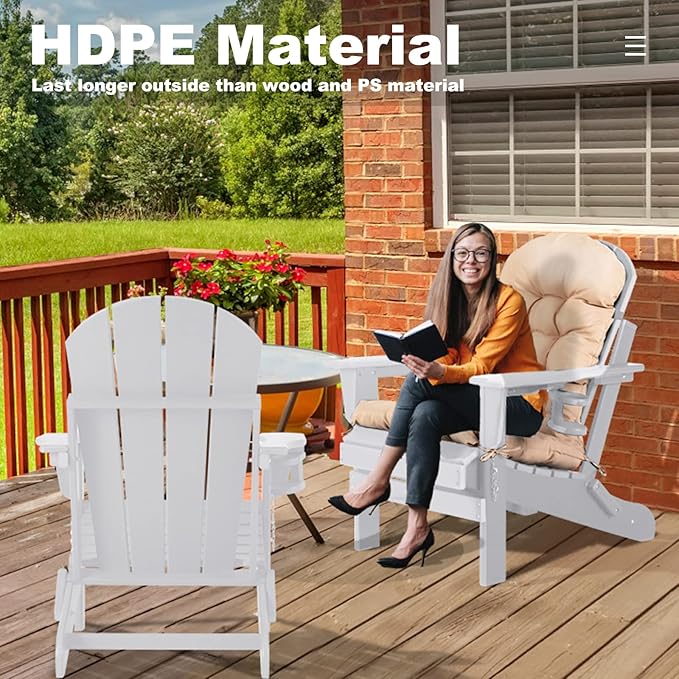 Adirondack Chairs Set of 2 with Cushions & Cup Holders, HDPE Weather Resistant Folding Adirondack Chair for Adults - Photo 7