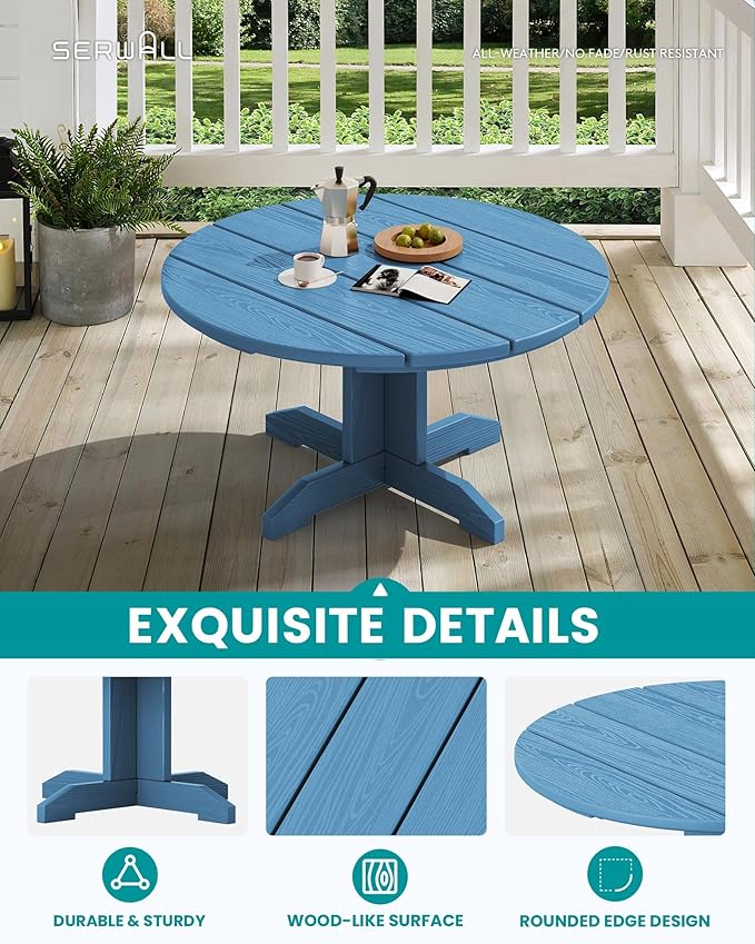 SERWALL 36'' Round Outdoor Coffee Table - HDPE Weatherproof Patio Table for Balcony, Garden, Backyard (Blue) - Photo 3