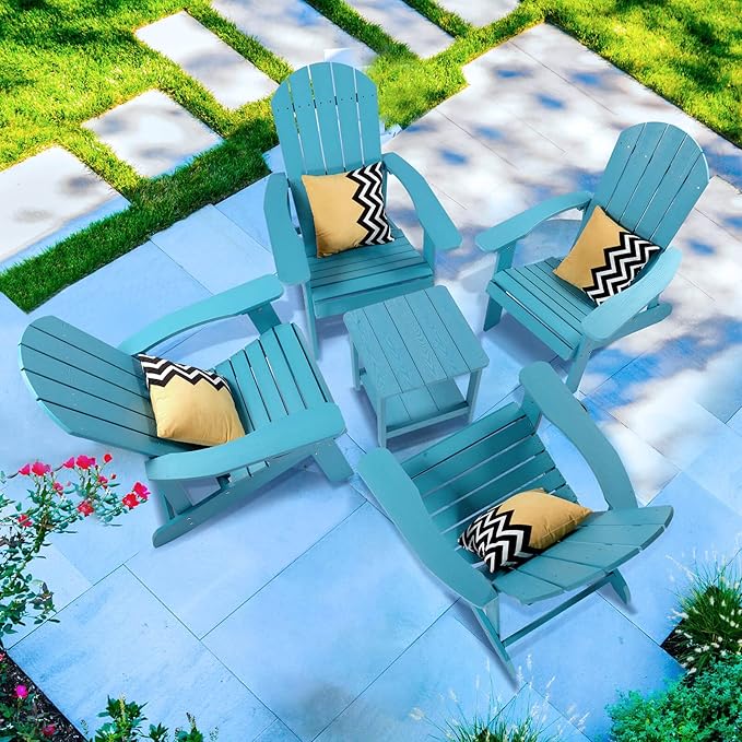 Adirondack Chairs Set of 2, All Weather Resistant Plastic Chairs with Cup Holder, 5 Easy Steps to Install, Outdoor Chairs for Patio, Garden, Backyard Deck, Lawn, Fire Pit - Lake Blue