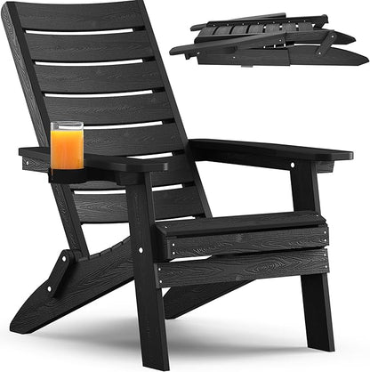 YEFU Adirondack Chair, Folding Adirondack Chairs with Arc Back & Cup Holder, Weather Resistant Plastic Oversized Chair for Outdoor Patio Lawn Garden Backyard Deck Fire Pit, Black