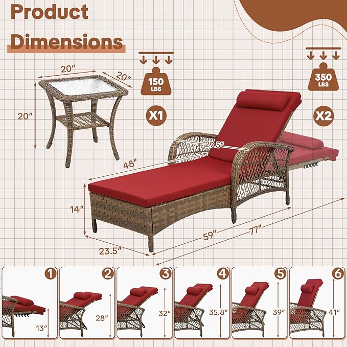 HOMEDIARY 3-Piece Outdoor Wicker Lounge Chair Set, Patio Chaise Loungers Set of 2 w/Side Table - Photo 2