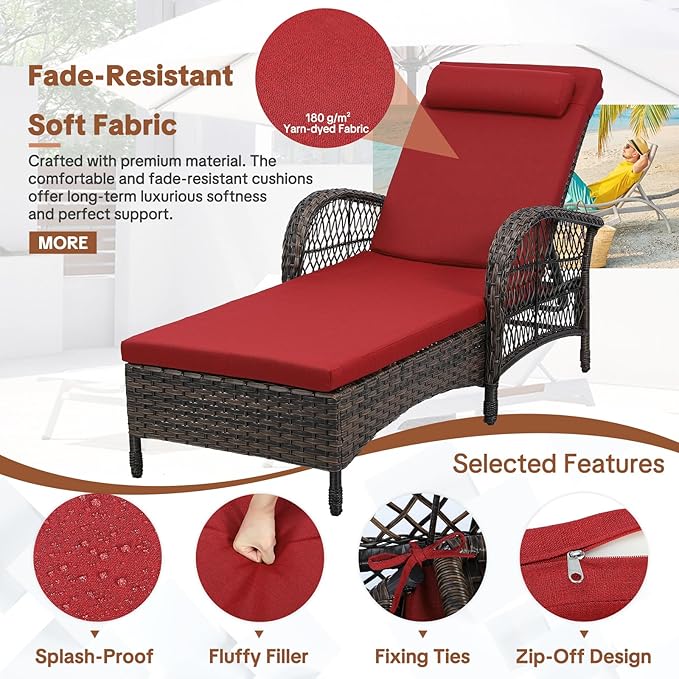 HOMEDIARY 2-Piece Outdoor Wicker Lounge Chairs with Cushion, Rattan Patio Chaise Loungers with 6-Level Backrest - Photo 5
