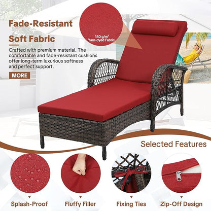 HOMEDIARY Outdoor Wicker Lounge Chair with Cushion, 6-Position Adjustable Patio Chaise Lounge, All Weather Lay Flat Pool Sunbathing Recliner Chair, Armrest and Head Pillow, Fade-Resistant, Red