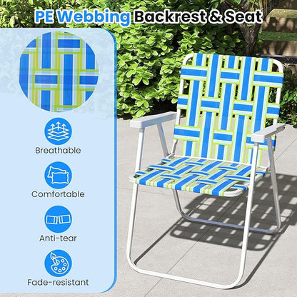 GYMAX Lawn Chair Folding, Webbed Beach Lounge Chairs Set with Highback, Outdoor Portable Lightweight Camping Dinning Chair for Patio, Lawn, Poolside, Sports, Garden, Backyard (6,Blue)