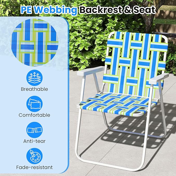 GYMAX Lawn Chair Folding, Webbed Beach Lounge Chairs Set with Highback - Photo 6