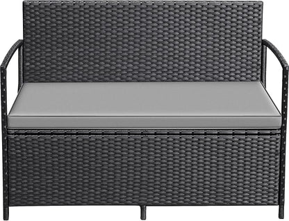 Greesum Patio Loveseat PE Rattan Wicker Outdoor Furniture with Soft Cushions & Built-in Storage Space for Lawn Garden Backyard, Black