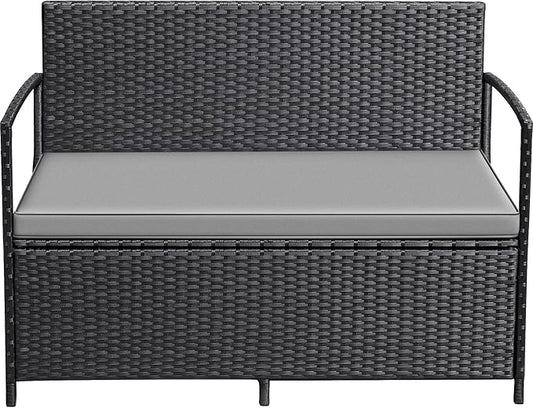 Greesum Patio Loveseat PE Rattan Wicker Outdoor Furniture with Soft Cushions & Built-in Storage Space for Lawn Garden Backyard, Black