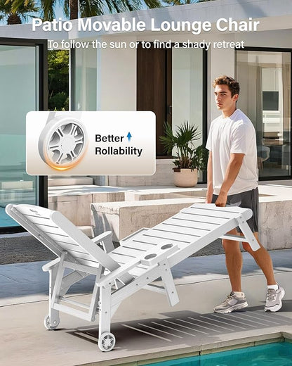 YEFU Chaise Lounge Chairs Set of 4 Outdoor,Pool Lounge Chair with Adjustable Backrest,All Weather Patio Lounge Chair with Cup Holder&Armrest,for Outside,Beach,Deck,Heavy Duty,400lbs Capacity(White)