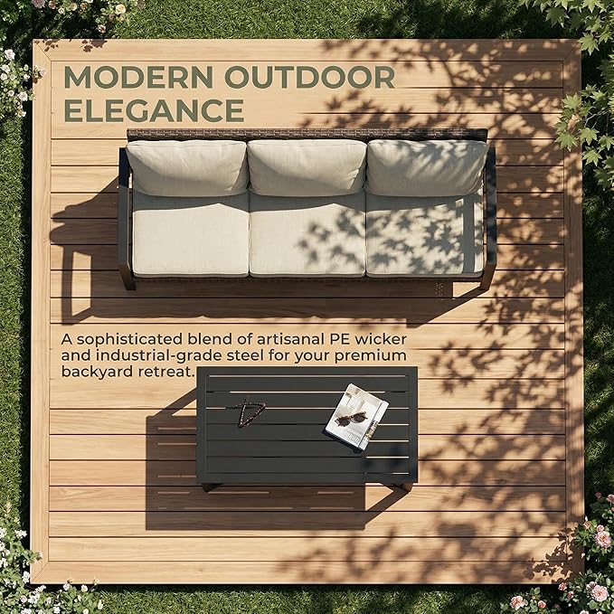 Green4ever Outdoor Furniture, 2 Pieces Patio Furniture Set with Coffee Table, Wicker Outdoor Couch with Cushions, Patio Sofa for Porch, Backyard, Pool, Deck, Garden, Beige