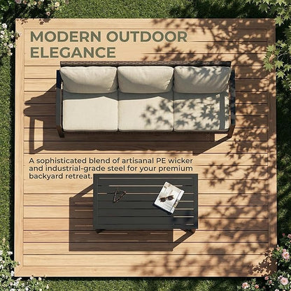 Green4ever Outdoor Furniture, 2 Pieces Patio Furniture Set with Coffee Table, Wicker Outdoor Couch with Cushions, Patio Sofa for Porch, Backyard, Pool, Deck, Garden, Beige