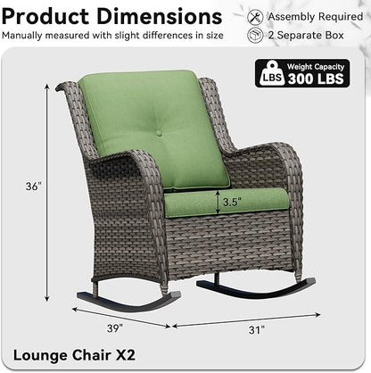 Patio Rocking Chairs Set of 2, Outdoor Wicker Patio Furniture Set 2 Pieces with Thickened Olefin Cushions, High Back and Deep Seating, Hand-Woven PE Rattan for Porch, Deck, Green