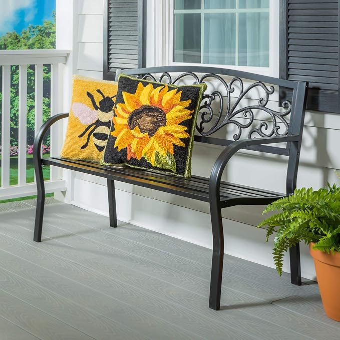 Evergreen Garden Weatherproof Outdoor Bench Blooming Garden | Holds Up to 300 lbs. | Furniture for Lawn Garden Patio Porch Park Deck | Steel | Black