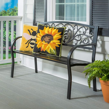 Evergreen Garden Weatherproof Outdoor Bench Blooming Garden | Holds Up to 300 lbs. | Furniture for Lawn Garden Patio Porch Park Deck | Steel | Black