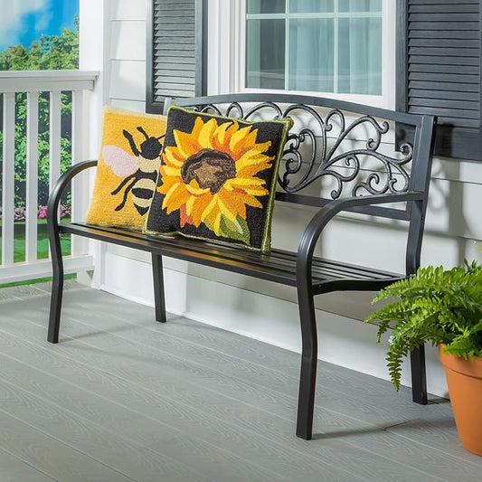 Evergreen Garden Weatherproof Outdoor Bench Blooming Garden | Holds Up to 300 lbs. | Furniture for Lawn Garden Patio Porch Park Deck | Steel | Black