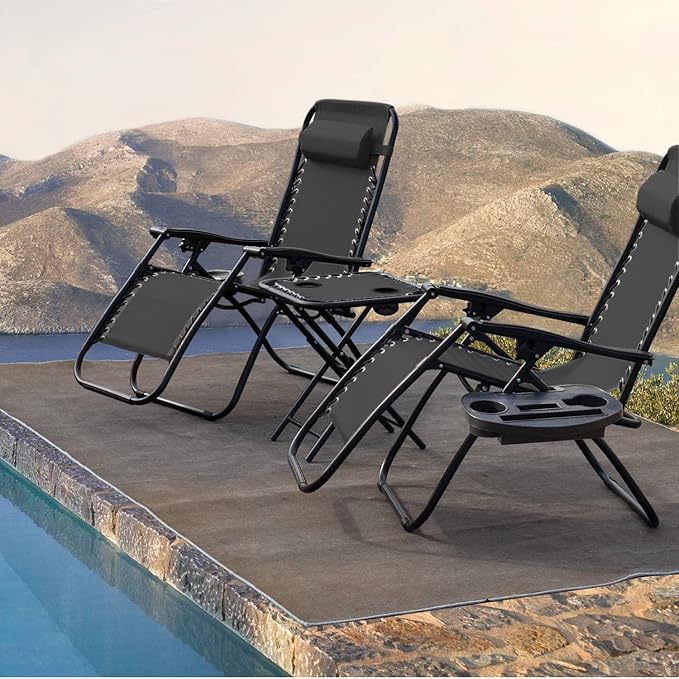 Devoko Patio Zero Gravity Chair Outdoor Folding Recliner Chairs with Table Pool Side Using Lawn Chair Sets with Pillow (Black)