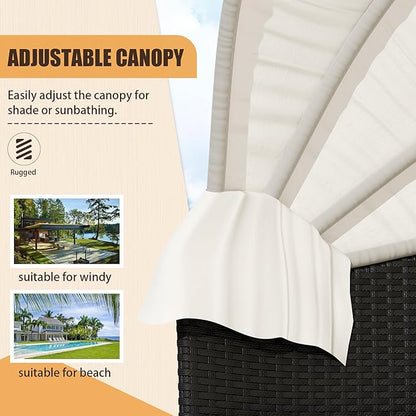 Homall Patio Outdoor Daybed with Retractable Canopy, Rattan Wicker Sectional Seating with Washable Cushions for Patio Backyard Porch Round Daybed Separated Seating (Beige)