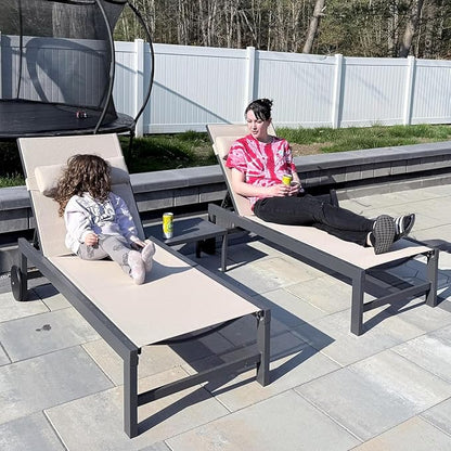 PURPLE LEAF Patio Lounge Chair Set of 3 Outdoor Chaise Lounger Aluminum Frame with Side Table and Wheels for Pool Outside Sunbathing Tanning Recliner Including Pillows Beige