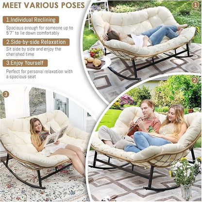 RADIATA Double Egg Rocking Chair for 2, Oversized Rattan Recliner Loveseat with Padded Cushion, Heavy Duty Comfy Large Papasan Rocker for Reading Outdoor Patio Balcony Backyard Indoor, Beige