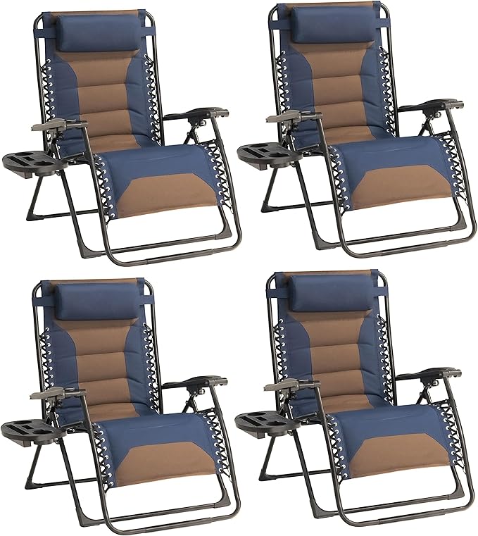 Zero Gravity Chair Set of 4 Oversized Padded Recliner with Adjustable Headrest & Cup Holder - 600D Oxford Folding - Photo 1