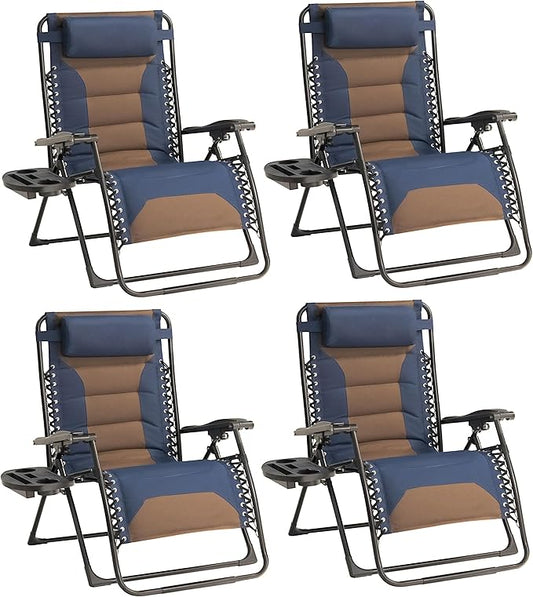 Zero Gravity Chair Set of 4 Oversized Padded Recliner with Adjustable Headrest & Cup Holder - 600D Oxford Folding Lounge Chair for Outdoor Camping, Patio, Poolside (Brown & Blue)