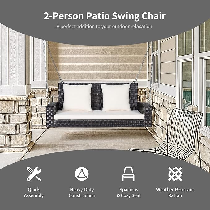 RELAX4LIFE Porch Swing 2-Seat Patio Rattan, Wicker Porch Swings Outdoor W/Two 7.9 Ft Solid Steel Chain - Photo 5