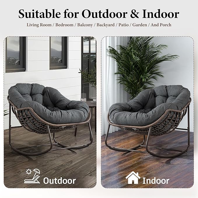 Large Indoor Outdoor Rocking Chair, Oversized Rocking Papasan Chair with Thick Cushion and Frame Outdoor Rocker, Comfy Wicker Egg Chairs Lounge for Outside Porch Patio Backyard (Dark Grey, Set of 2)