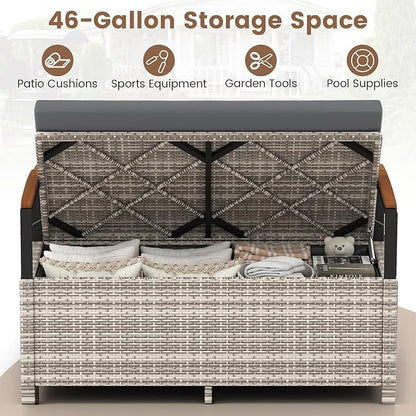 Tangkula 46 Gallon Outdoor Bench with Storage, Outdoor PE Rattan Storage Bench with Cushion, Backrest & Acacia Wood Armrests, Metal Frame, Waterproof Deck Box Seat for Porch Backyard Poolside