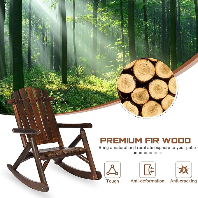 HOMEDIARY Wooden Adirondack Rocking Chair, Patio Log Rocker Outdoor Lounge Chair with Slatted Wooden Design, High Fanned Back & Classic Rustic Style for Garden Patio Backyard (Set of 2, Carbonized)