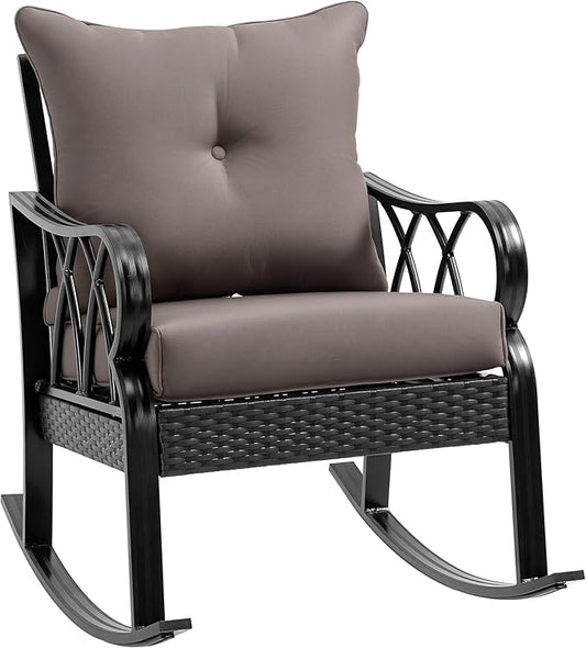 Outsunny Outdoor Wicker Rocking Chair with Padded Cushions, Aluminum Furniture Rattan Porch Rocker Chair w/Armrest for Garden, Patio, and Backyard, Gray