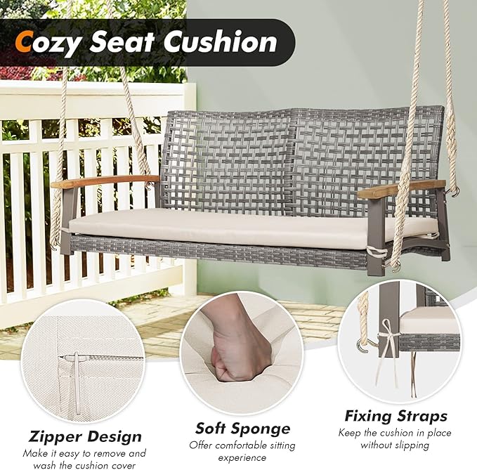 RELAX4LIFE 2-Seater Outdoor Porch Swing - Patio PE Rattan Hanging Swing Bench with Seat Cushion and Strong Hanging Ropes - Photo 3